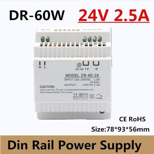 60W output 24VDC 2.5A single group din rail type power supply ce certificate ac to dc 24v free shipping model: DR-60-24