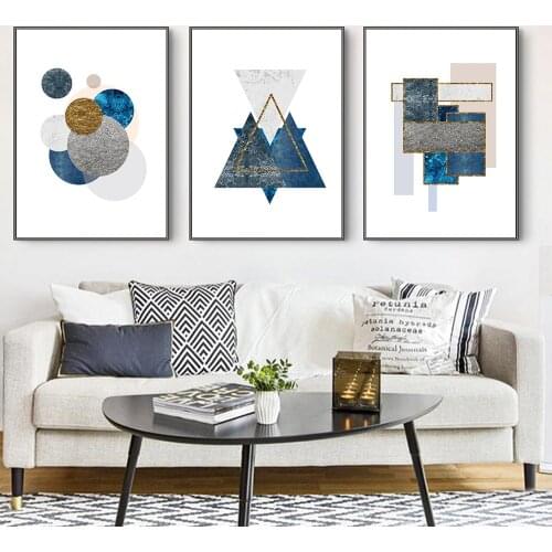 Abstract Blue and Grey Geometry Canvas Painting Minimalist Wall Art Poster and Print Pictures for Living Room Home Decoration