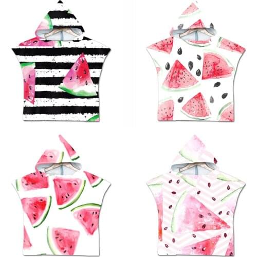 Free shipping Novelty Gift Summer Fruit Watermelon Striped Zigzags Microfiber Baby Kids Hooded Swim Bath Beach Towel Poncho Cape