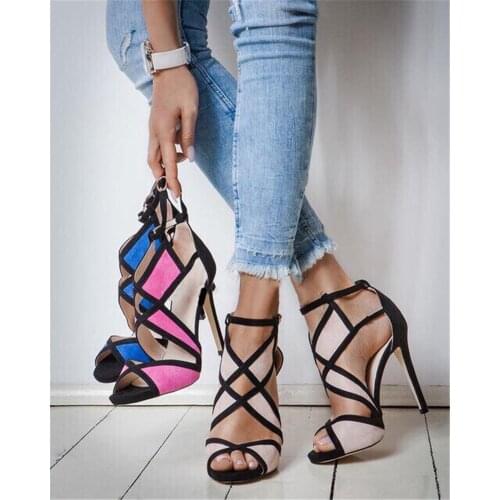 Sexy summer woman New color matching hollow sexy stiletto high heel sandal woman suede open toe high heel sandals