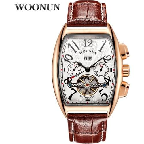 New Tourbillon Watches Fashion Design Tonneau Men Automatic Mechanical Watch Men Brown Leather Band White Dia Relogio Masculino