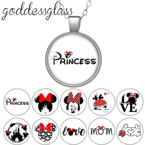 Disney Minnie Princess Mickey Face Cute Round Glass glass cabochon silver plated/Crystal pendant necklace jewelry Gift