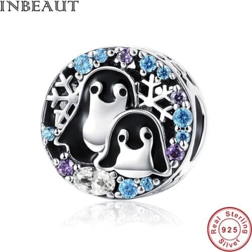 INBEAUT 925 Sterling Silver Cute Mother Baby Antarctic Penguin Charm Winter Snowflake Cubic Zirconia Beads fit Brand Bracelet