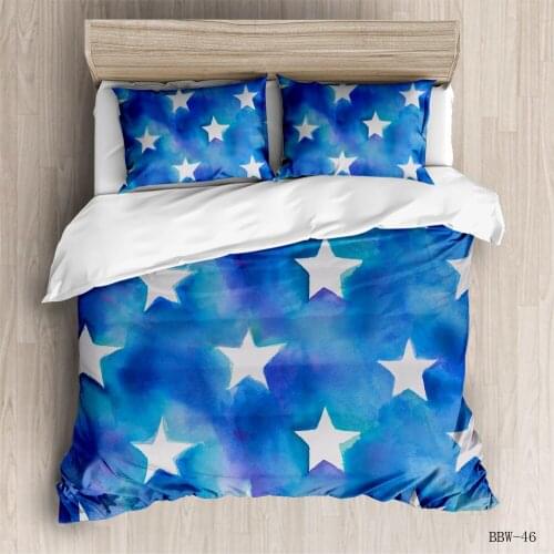 Blue White Star Color Bedding Set Bed Sheet And Quilt Cover Pillowcase Soft Cotton Bedroom US SIZE EU SIZE