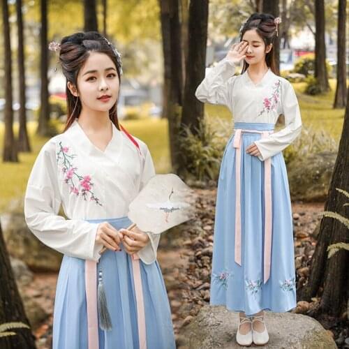 Women Ancient Chinese Hanfu Costume Embroidery Festival Stage Performance Folk Dance Outfit Oriental Photography Hanfu Dress