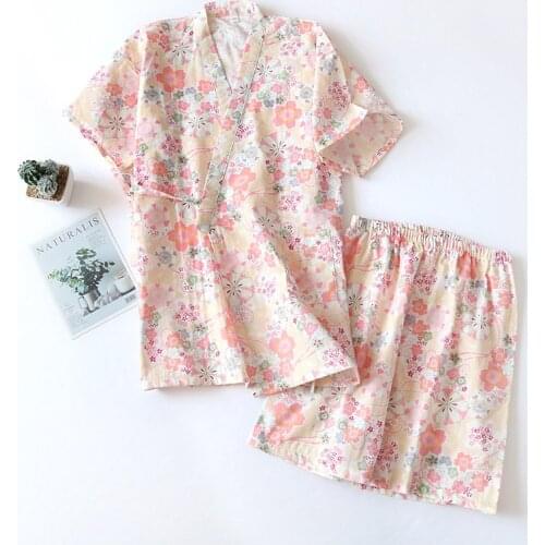 Summer Women Short Pajamas Sets Kimono Flowers Sleepwear Cotton Pyjama for Female 2021 New