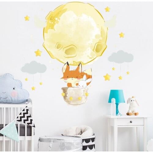 Cute fox rabbit planet wall stickers for children bedroom kids room decoration removable vinyl wall decals art murals home decor