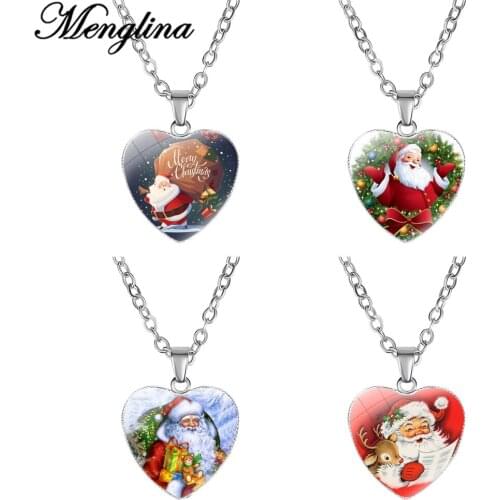 Fashion Lovely Merry Christmas Santa Claus Pendant Necklace Glass Cabochon Heart Charm Necklace for Little Girls Women Gifts