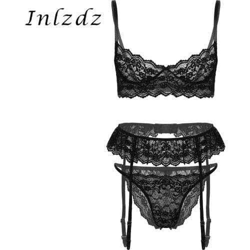 Mens Erotic Lingerie Set Sissy Crossdressers See-through Floral Lace Underwear Sexy Nightwear Unlined Bra with Thong Garter Belt