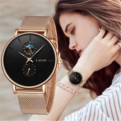 New 2020 LIGE Quartz Watch Women Mesh Stainless Steel Watchband Casual Wristwatch Japan Movement Bayan Kol Saati Reloj Mujer+Box