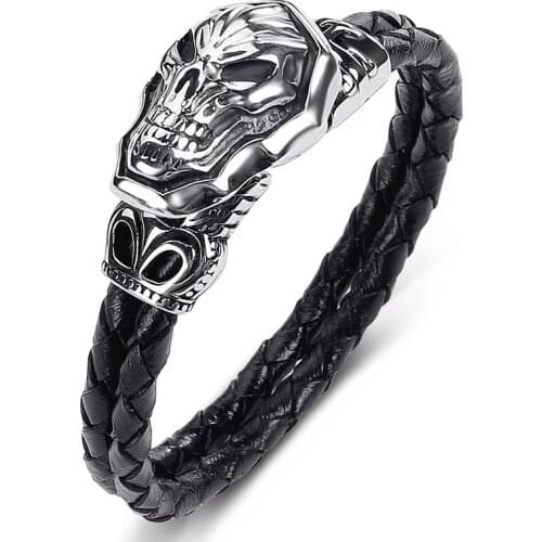 New Design Stainless Steel Skull Shield Leather Bracelet Men Punk Rock Jewelry Male Hand Bangles Skeleton Braided Wristband P532