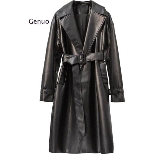 Autumn Winter Long Plus Velvet Padded Motorcycle Jacket with Belt Pu Leather Jacket Windbreaker Women