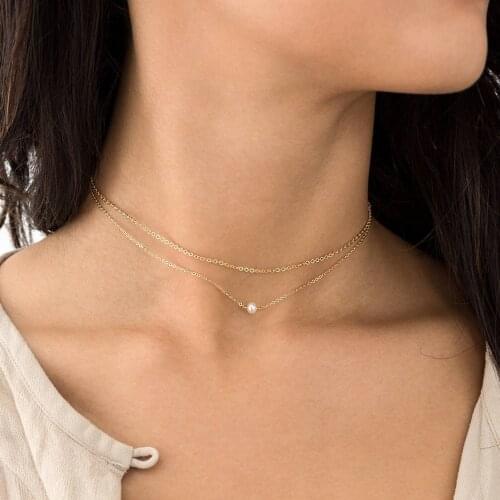 Double Chains Pearls Pendant Choker Necklace for Women Gold Color Clavicle Chain Female Short Necklaces 2020 Fashion Jewelry