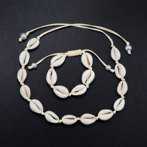 Bohemian Braid Rope Chain Shell Choker Necklace Natural Seashell Bracelets Conch Choker Collar Necklace Bangles for Summer Gifts