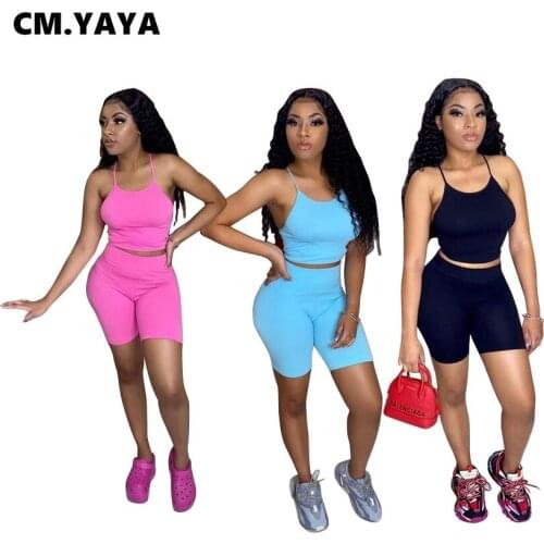 CM.YAYA Strap Sleeveless Solid 2 Piece Set Women Above Knee Sheath Elastic Waist Pants Crop Top Two Piece Outfits Sportsear 2021