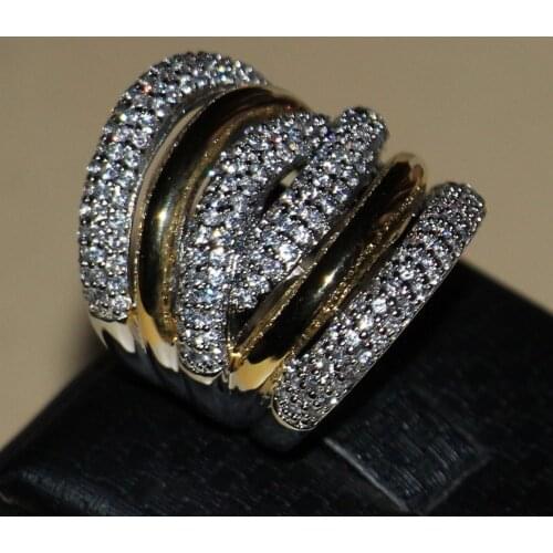 Brand New Sparkling Luxury Jewelry 14kt White&Gold Fill Separate Color Pave White Clear 5A Zirconia WomenWedding Band Ring Gift