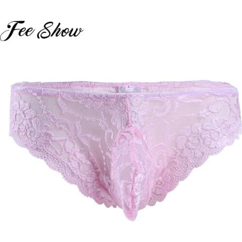 Feeshow Sexy Floral Sissy Panties Mens Lace Briefs Gay Underwear Bulge Pouch Underpants Low Rise Briefs Sissy Lingerie for Man
