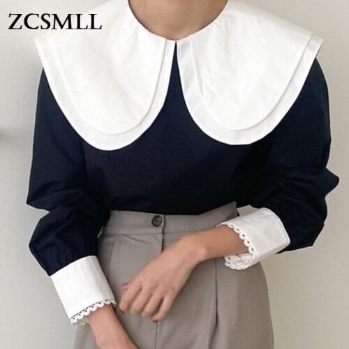 ZCSMLL All-match Double-layer Doll Collar Contrast Color Loose Lace Stitching Puff Sleeve Shirt Top Korean Autumn Women Pullover