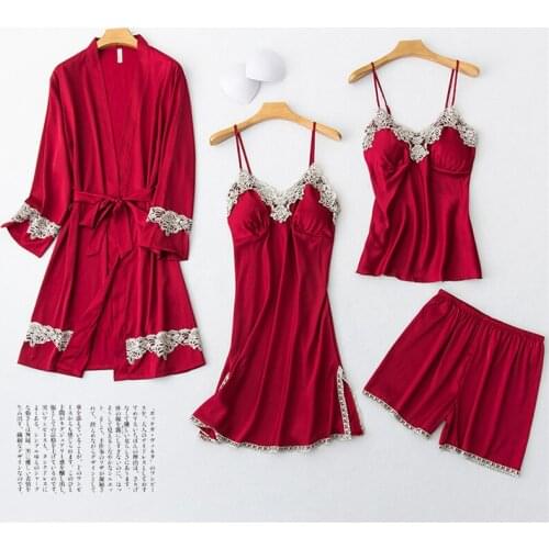 Daeyard Womens Pajamas Silk Robe Gown And Cami Shorts 4Pcs Pyjamas Set Sexy Lingerie Lace Trimmed Pijama Sleepwear Home Clothes
