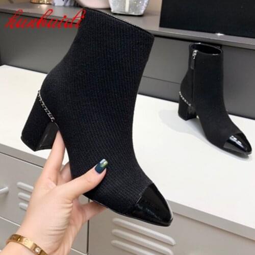 Womens Ankle Boots Thick Heels British Style Single Laces Zipper Color Matching Thin Boots Pointed Toe Design Leather