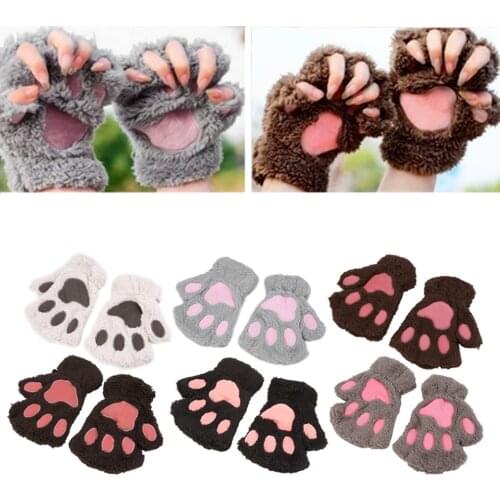 Women Cute Cat Claw Paw Plush Mittens Winter Warm Fingerless Thick Gloves Soft Bear Claw Half Finger Gloves Cat Claw Mittens