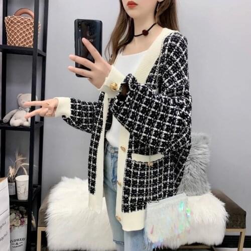 Women Plaid Autumn Winter Knitt Cardigan Elegant Korean Pocket Loose Casual Sweaters V Neck Long Sleeve Button Oversize Cardigan