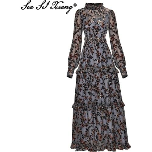 Seasixiang Fashion Designer Summer Mesh Dress Women Stand Collar Lantern Sleeve Ruffles Jacquard Vintage Long Dresses