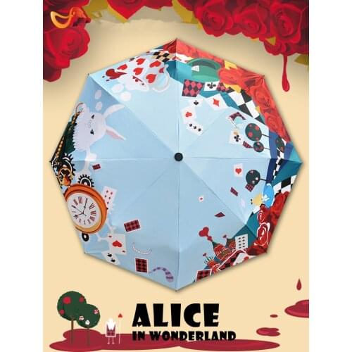 Alice in Wonderland Clock Cat Umbrella Three-Folding Non-Auto Umbrella Cartoon Windproof Folding Sun Rain Umbrella