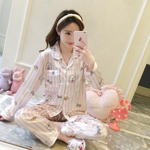 2020 Autumn Long Sleeve Silk Satin Print Pajama Sets for Women Korean Sleepwear Suit Pyjamas Homewear Pijama Mujer Home Clothes