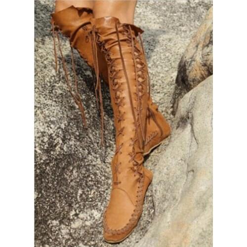 2021 New PU lace up high long boots round head Roman flat women shoes summer Martin boots ladies over the knee boots