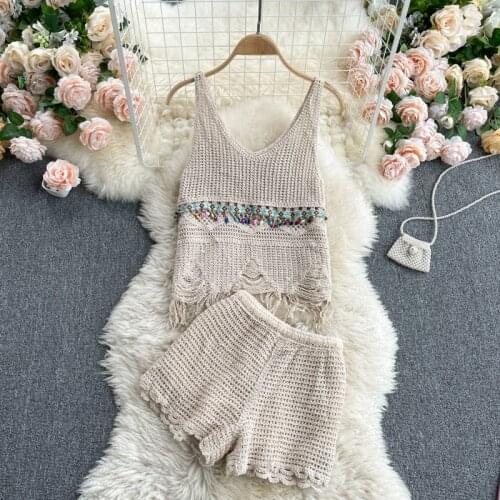 2021 Knitting Women Sets V-neck Sleeveless Tank and Shorts Knited Holiday Sets