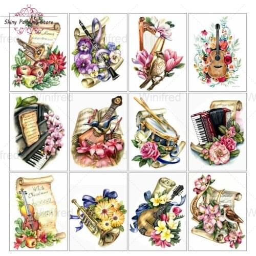 5D DIY Diamond Painting Musical Instrument Flower Full Square Round Diamond Embroidery Scenic Picture of Rhinestones Home Decor