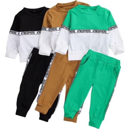 Baby Boys Girls Long-sleeved Trousers Suit Personality Stitching Round Neck T-shirt and Solid Color Elastic Long Pants 6M - 4Y