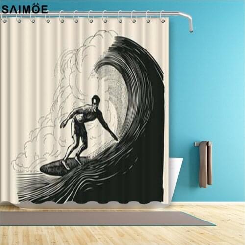 Summer Hawai Beach Shower Curtain Black Wave Ocean Surfing Palm Trees Bathroom Bath Curtain Vintage Home Decor Waterproof Fabric
