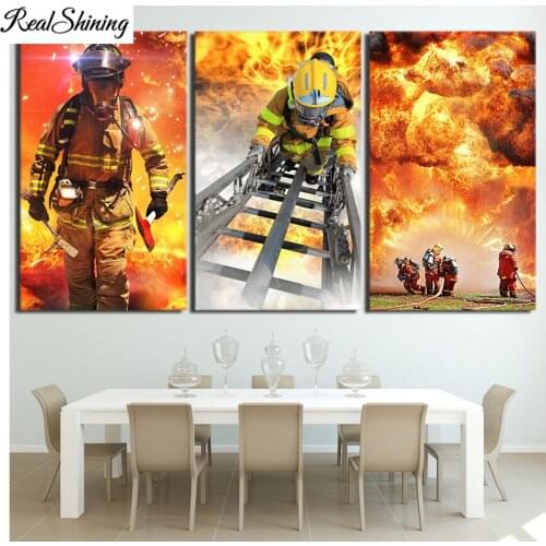 Full Square Round Diamond Painting 3 Piece Fireman Fire Flame Fighting 5d Diy Needlework Embroidery Home Decor Rhinestones F76