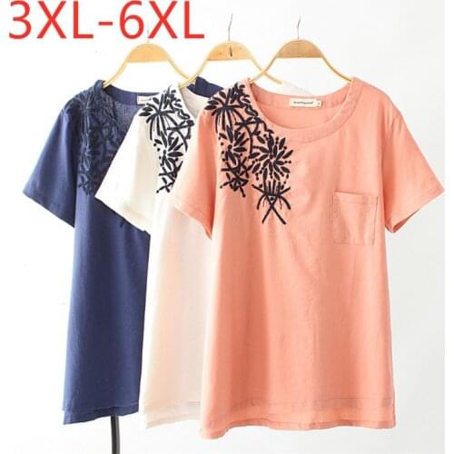 New 2021 summer plus size tops for women large loose short sleeve cotton linen embroidery O neck T-shirt pink 3XL 4XL 5XL 6XL