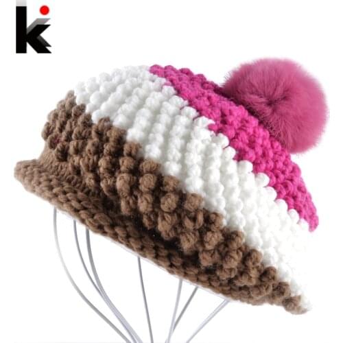 Rabbit Fur Pompom Beret Ladies Knit Winter Hat Hand-Knitted Boina Feminina Gorras Planas Flat Cap Female Berets Hats For Women