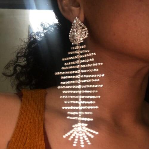 Luxury Shiny Rhinestone Fish Bone Charms Drop Dangle Earrings for Women Fashion Jewelry Boho Maxi Statement Earrings Accessory