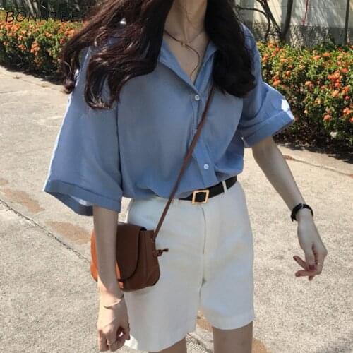Shirts Women Simple All-match Solid Color Daily Causal Womens Trendy Loose Korean Style Summer High Quality Elegant Short Sleeve