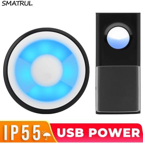 SAMTRUL USB Powered IP55 Waterproof Wireless Smart Doorbells Door Bell Ring Chime Call 433MHZ Home Plug-Free LED Night Light