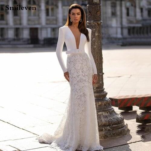 Smileven Sexy Beach Wedding Dress Mermaid Bridal Dresses Lace Appliqued Vestido De Noiva Long Sleeve Boho Wedding Gowns