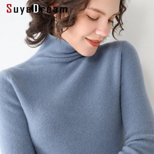 SuyaDream Women Winter Sweaters 100%Wool Turtleneck Ribs Pullovers 2021 Fall Winter Stretched Basic Sweaters for Woman