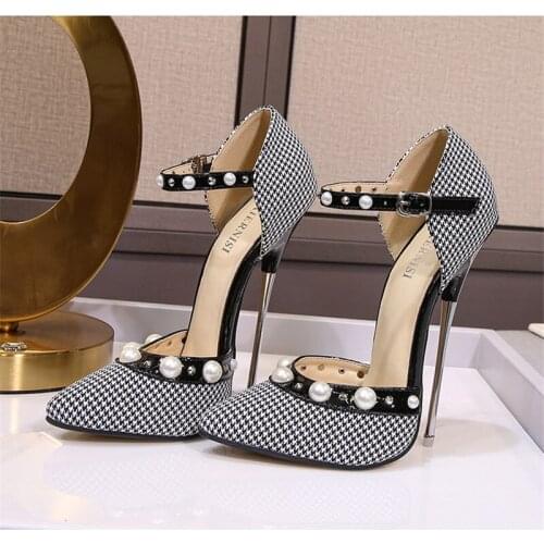 16cm Super High Heels Ankle Strap Sexy Pumps Plaid Cloth Fetish Stilettos Pole Dance Model Show Stripper Unisex Shoes Size 46