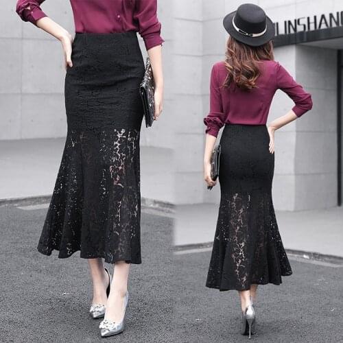 Free Shipping 2019 Slim High Waist Long Maxi Lace Flower Skirts For Women Plus Size S-2XL Mermaid Style Skirts Spring And Summer