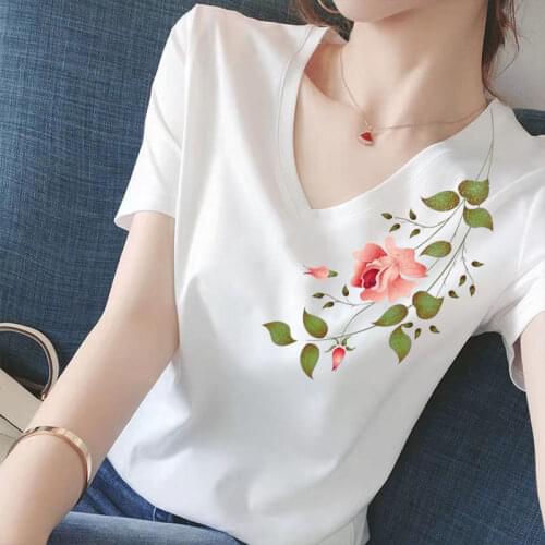 Flower T-shirts Women Short Sleeve Top Tee Shirt White Shirt For Women Summer Clothes V Neck Cotton Basic Tshirt Ladies Casual
