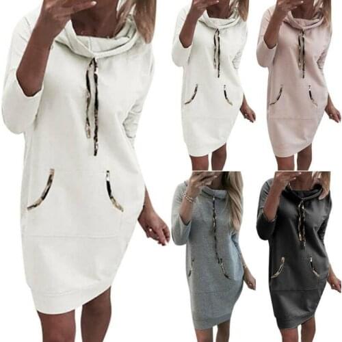 Women Hoodie Pocket Sweatshirt Dress Long Sleeve Tops Plain Mini Casual Ladies