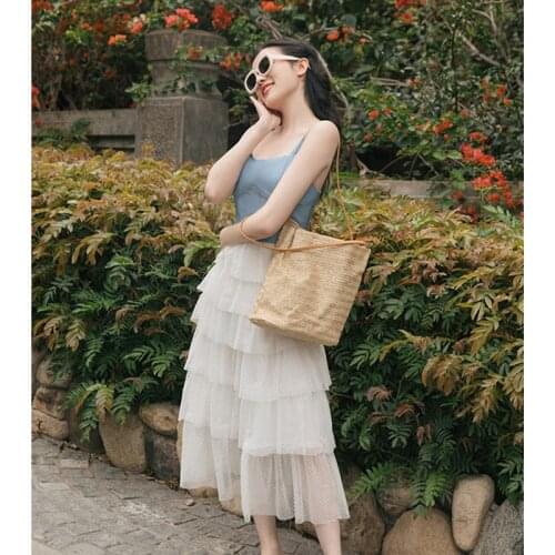 White Net Yarn Polka Dot Romantic Elegant Party Dress Summer Blue Gentle Square Neck Retro Fairy Dress Robe Femme