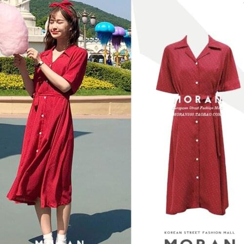 2021 summer Vintage v-neck slim high waist single breasted belted dress small fresh polka dot dress women