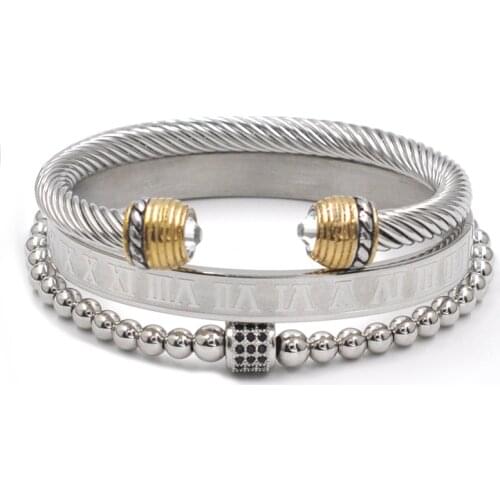 3pcs/set Luxury Roman Number Buckle Bangles Stainless Steel Beads Wristband Braiding Bangles Sliver Open Cuff Bracelets For Men