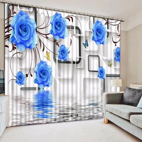 3D Curtain Blackout Shade Window Curtains Blue Rose Lattice Curtains For Living Room 3D Bathroom Shower Hook Curtain